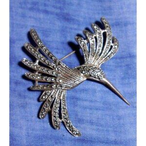 Large Vintage 925 Sterling Silver Marcasite Hummingbird Brooch Pin Signed 925 SU